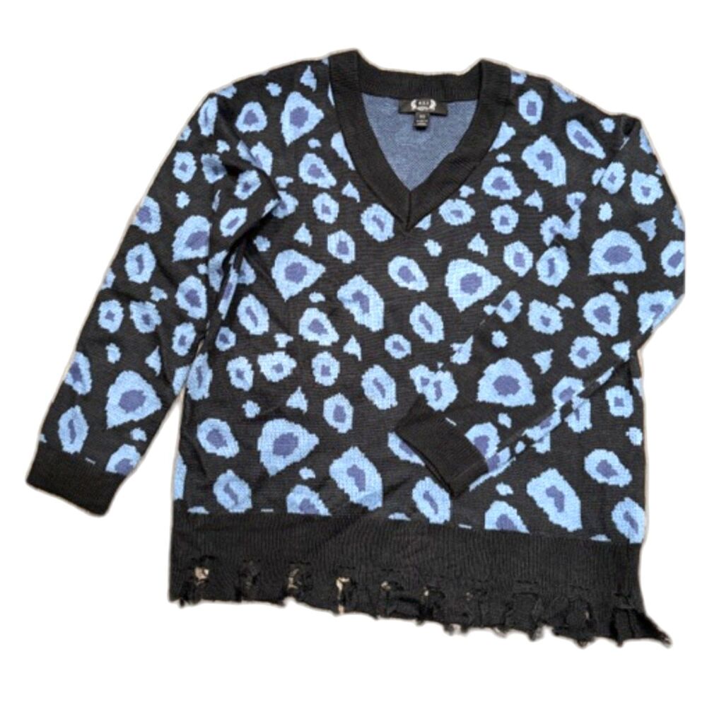 A.Z.I NY Leopard Print Sweater Size XS Blue Black V-Neck Distressed Hem